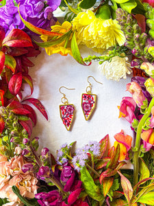 Floral portraits - ruby & White golden spear drops