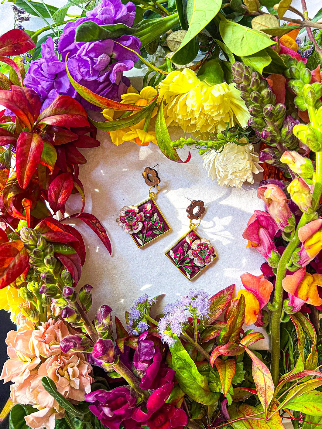 Floral portraits -burgundy gold flower power drops