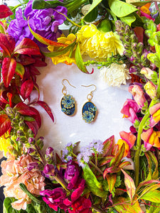 Floral portraits - navy gold oval drops